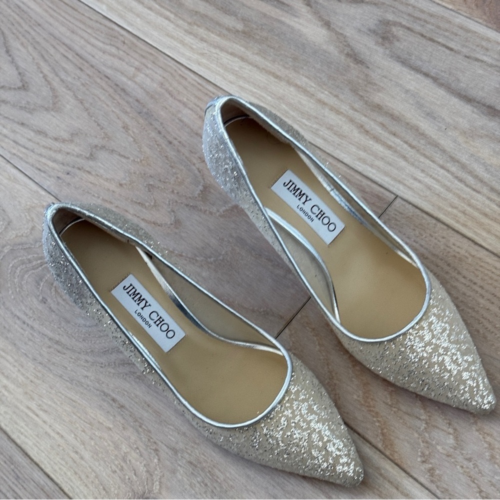 NEW Jimmy Choo Romy 85 Silver Glitter Tulle and Metallic Nappa Pointy-Toe Pumps